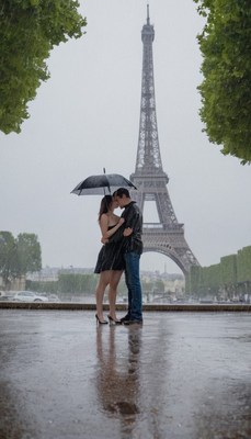 Couple embracing in the rain under eiffel tower