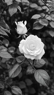 White rose and bud in greyscale