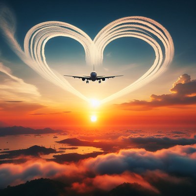 Airplane heart sunset