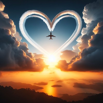 Airplane heart in sunset sky