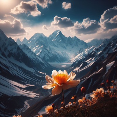 Flower blooms in mountain valley