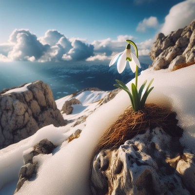 Snowdrop blooming on mountain peak