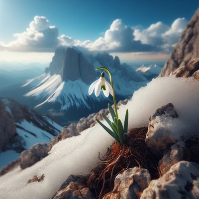 Snowdrop flower in snowy mountain landscape