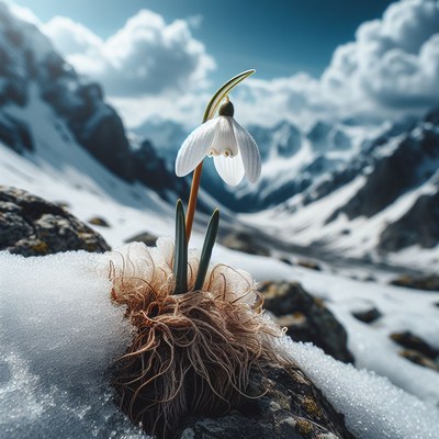 Snowdrop flower emerging in mountain snow