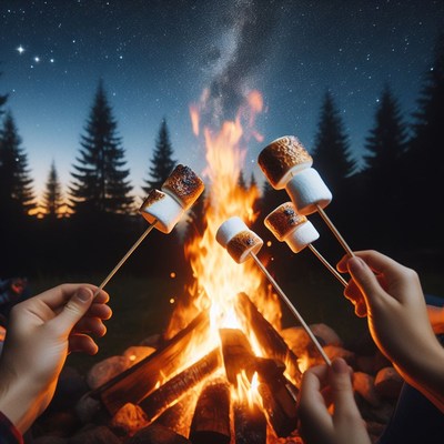 Marshmallows roasting over campfire at night
