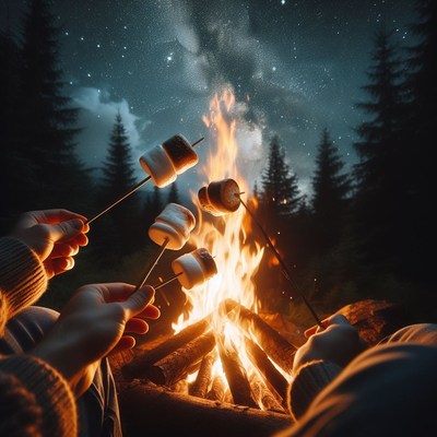Campfire marshmallow roasting under stars