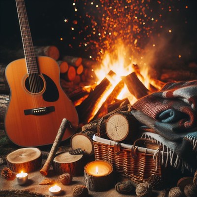 Acoustic guitar by campfire