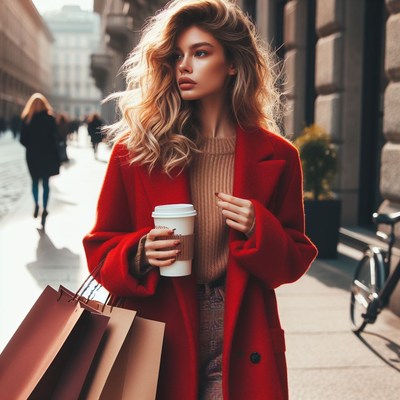 Woman in red coat holds coffee in city