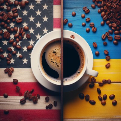 Coffee cup on american and ukrainian flags