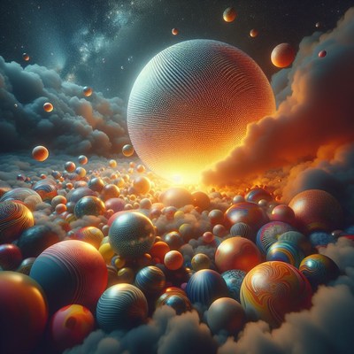 Abstract sphere field with sunlit planet