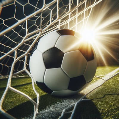 Soccer ball in net with sunlight