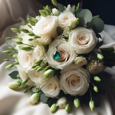 White rose bouquet with emerald pendant