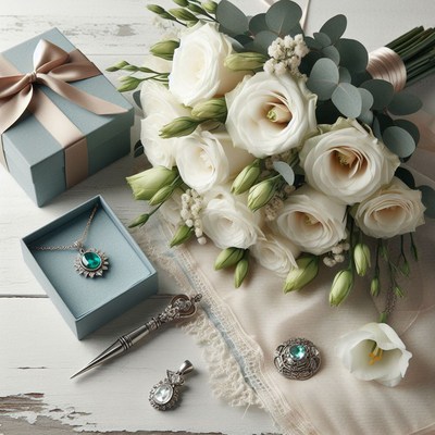 White rose bouquet and jewelry
