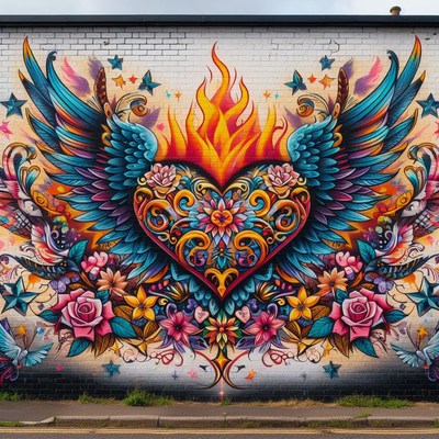 Colorful heart mural with wings