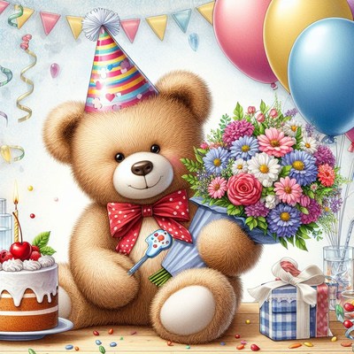 Birthday teddy bear with flowers