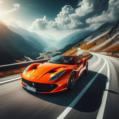 Orange sports car driving on mountain road
