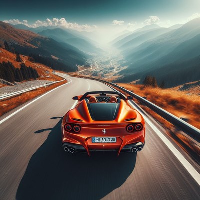 Orange convertible driving mountain road