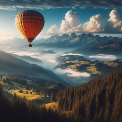 Hot air balloon over mountain valley