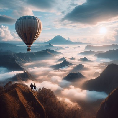 Couple watches hot air balloon over mountains
