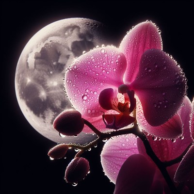 Pink orchid bloom under full moon