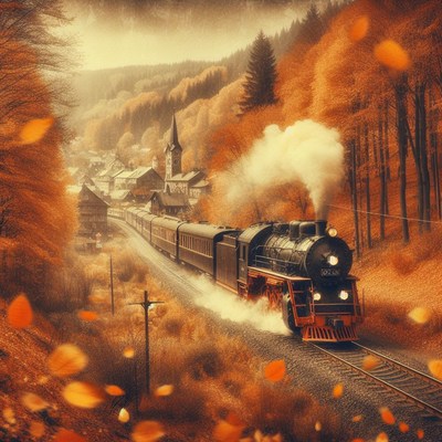 Steam train through autumn forest
