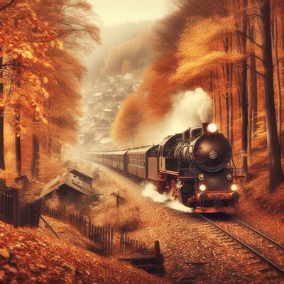 Steam train through autumn forest