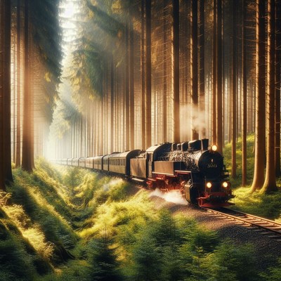 Steam train through forest at dawn