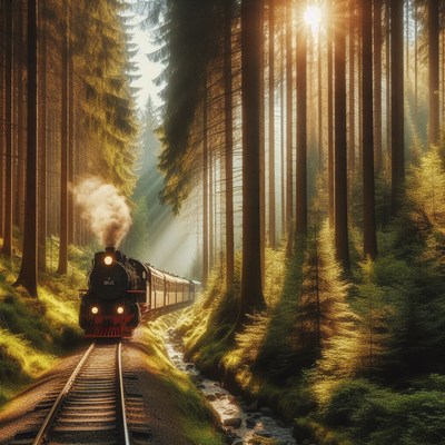 Steam train through morning forest