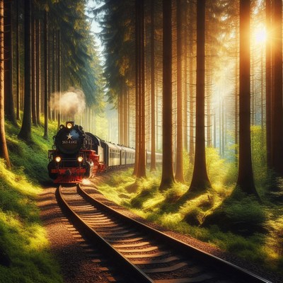 Steam train through morning forest