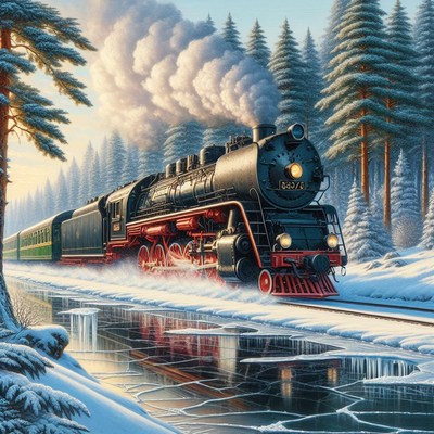 Steam train through winter forest