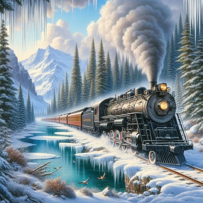 Steam train through winter mountains