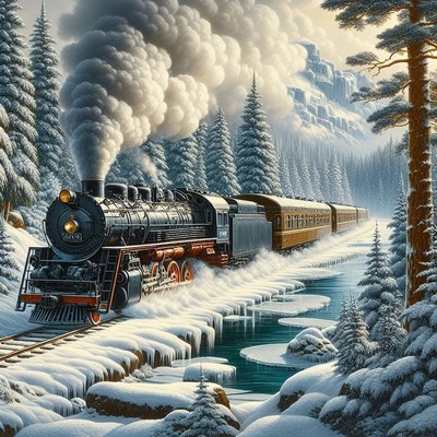 Steam train through winter forest