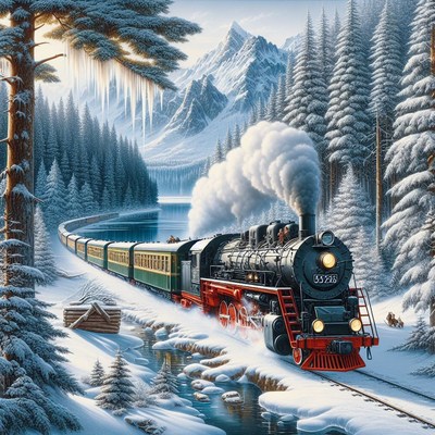 Winter train through mountains
