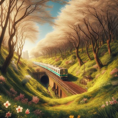 Train through spring forest