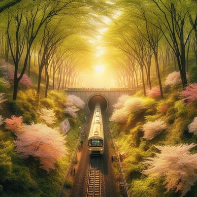 Train emerging from tunnel in spring forest