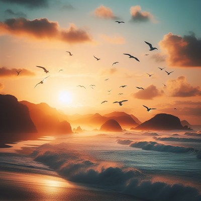 Sunset over coastal hills