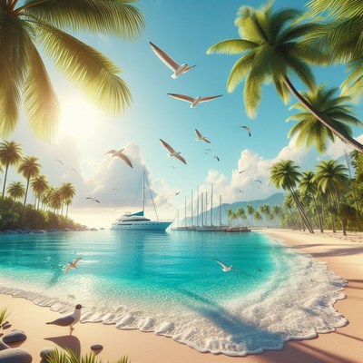 Tropical island beach with yacht