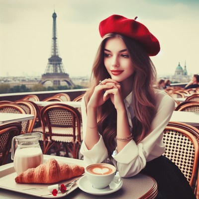 Woman enjoying coffee and croissant in paris
