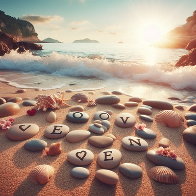 Beach rocks spell love at sunset