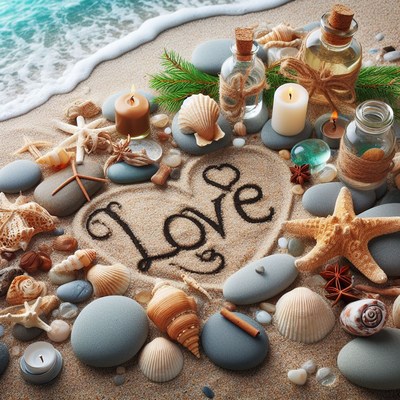 Love written in sand on beach