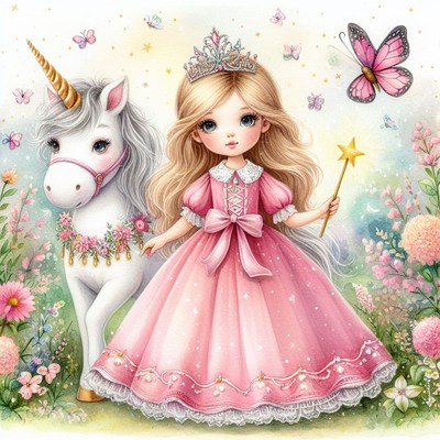 Princess and unicorn in a garden