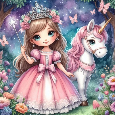 Princess and unicorn in enchanted forest