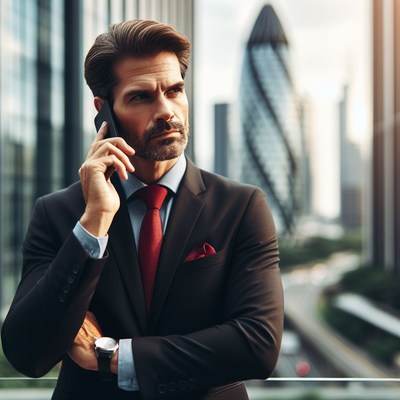 Businessman on phone in city
