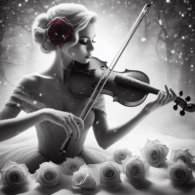 Woman playing violin in snowy forest