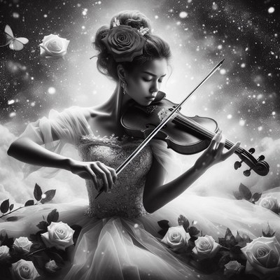 Woman playing violin in rose garden