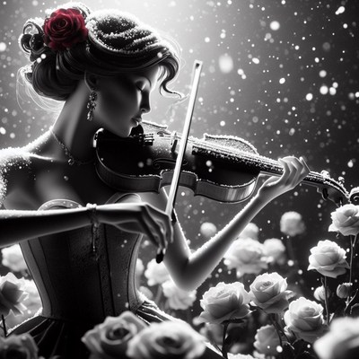 Woman playing violin in a rose garden