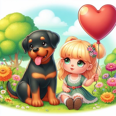 Girl and rottweiler with heart balloon in garden