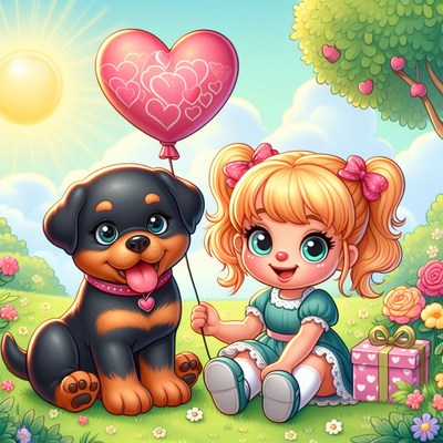 Girl and dog with heart balloon