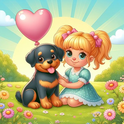 Girl and rottweiler in a meadow