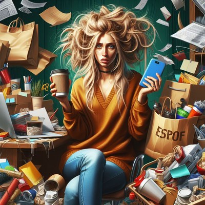 Woman overwhelmed by clutter